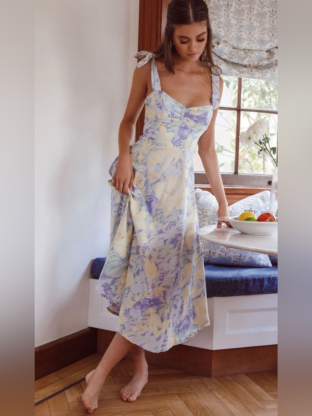 Floral Tie-Shoulder Midi Dress in Yellow and Lavender.